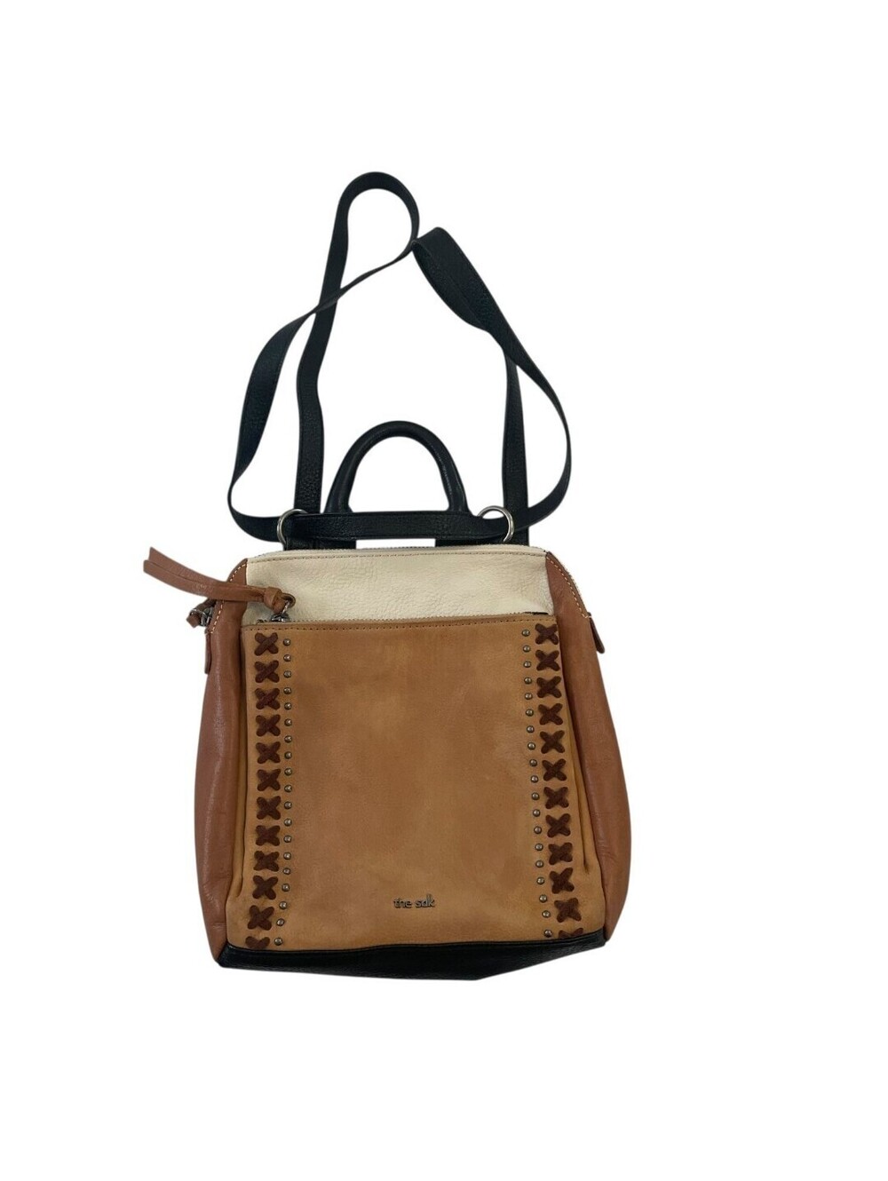 The Sak Backpack Womens Convertible Leather Tan Black Suede Studded Crossbody